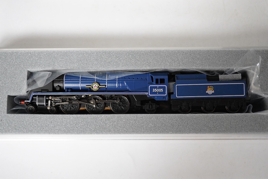 Two boxed Graham Farish N gauge railway BR Merchant Navy Class locomotives; British India Line 35018 (372-300) and Canadian Pacific 35005 (372-301). Condition - good.